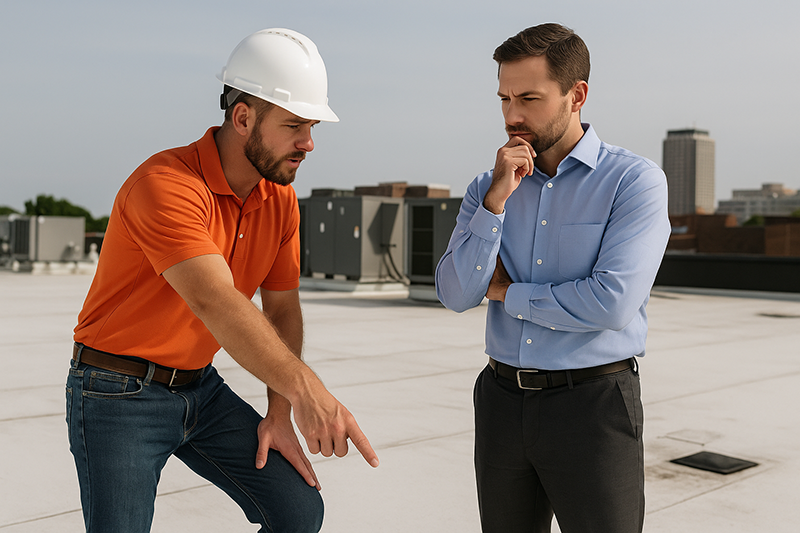 jd contractors roofing consultaant pointing out a seem.